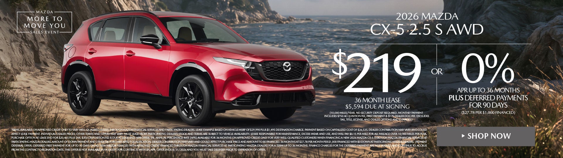 2026 Mazda CX-5 2.5 S AWD LEASE FOR $219 / MO. FOR 36 MONTHS