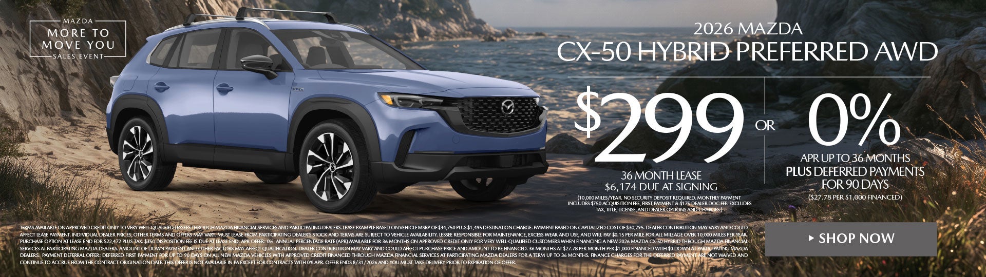 2026 Mazda CX-50 Hybrid Preferred AWD LEASE FOR $299 / MO.