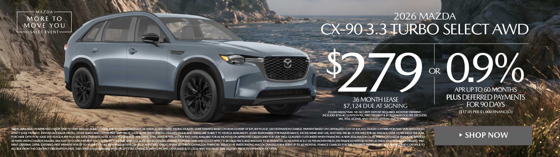 2026 Mazda CX-90 3.3 Turbo Select AWD LEASE FOR $279 / MO.