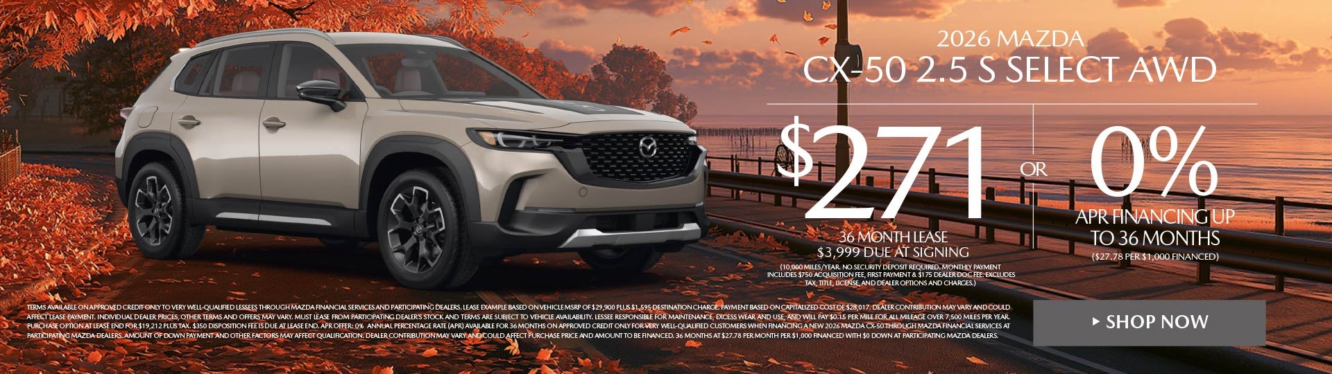 2026 Mazda CX-50 2.5 S Select AWD LEASE FOR $271 / MO. 