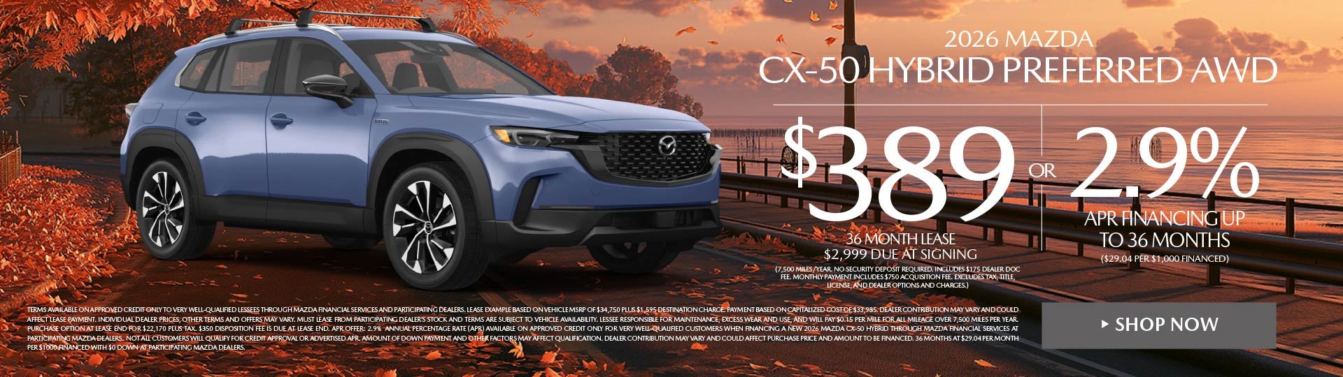 2026 Mazda CX-50 Hybrid Preferred AWD LEASE FOR $389 / MO.