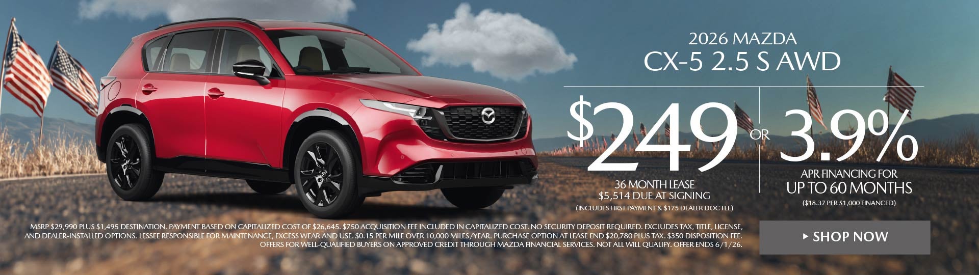 2026 Mazda CX-5 2.5 S Select AWD LEASE FOR $249 / MO.