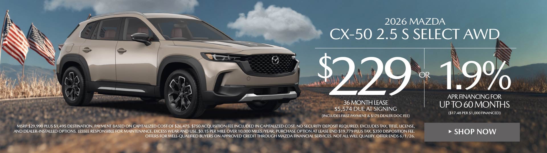 2026 Mazda CX-50 2.5 S AWD LEASE FOR $229 / MO.