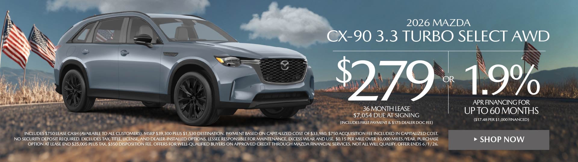 2026 Mazda CX-90 3.3 Turbo Select AWD LEASE FOR $279 / MO.