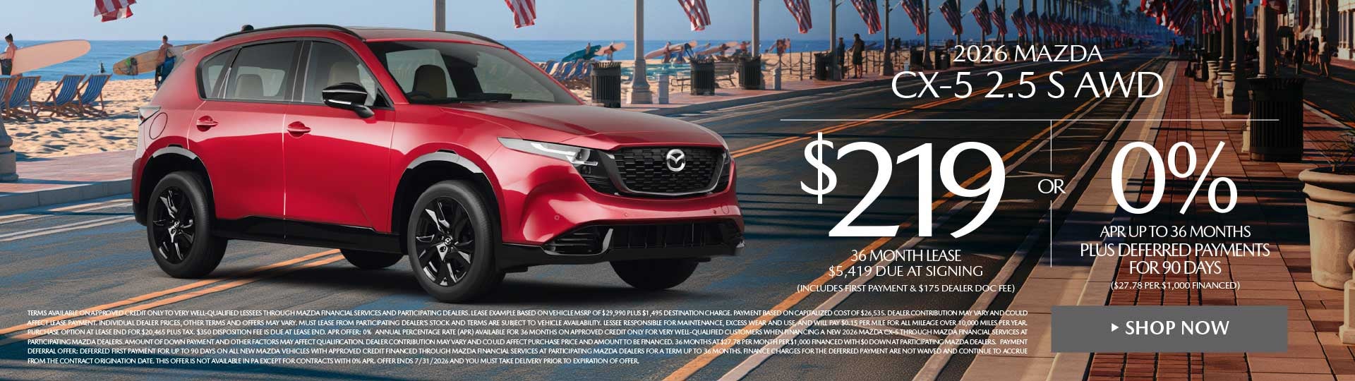 2026 Mazda CX-5 2.5 S AWD LEASE FOR $219 / MO. FOR 36 MONTHS