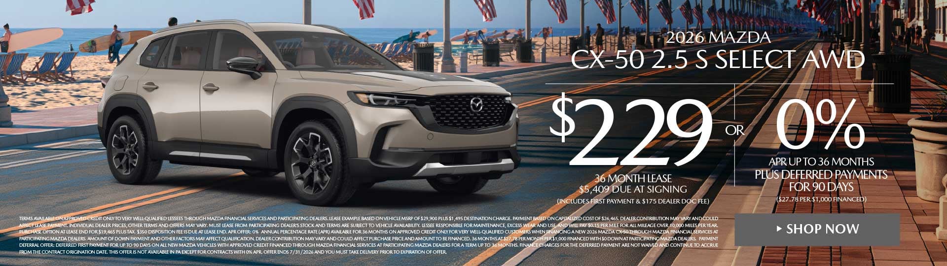 2026 Mazda CX-50 2.5 S Select AWD LEASE FOR $229 / MO. FOR 3