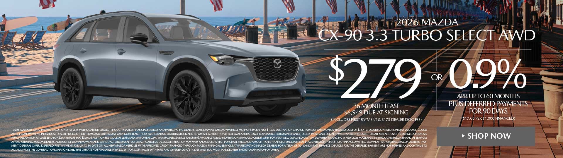 2026 Mazda CX-90 3.3 Turbo Select AWD LEASE FOR $279 / MO. F